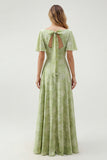 Green Floral A Line V-Neck Long Bridesmaid Dress with Short Sleeves