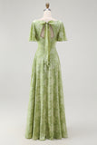 Green Floral A Line Short Sleeve Bridesmaid Dress