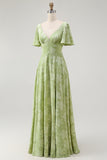 Green Floral A Line Short Sleeve Bridesmaid Dress
