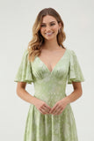 Green Floral A Line V-Neck Long Bridesmaid Dress with Short Sleeves