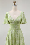 Green Floral A Line Short Sleeve Bridesmaid Dress