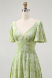 Green Floral A Line Short Sleeve Bridesmaid Dress