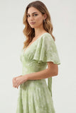 Green Floral A Line V-Neck Long Bridesmaid Dress with Short Sleeves