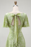 Green Floral A Line Short Sleeve Bridesmaid Dress