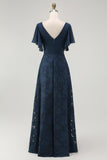 Navy Floral A Line V Neck Long Bridesmaid Dress with Flutter Sleeves