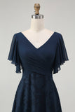 Navy Floral A Line V Neck Long Bridesmaid Dress with Flutter Sleeves