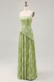 Floral Strapless Printed Sage Green Bridesmaid Dress with Slit