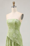 Floral Strapless Printed Sage Green Bridesmaid Dress with Slit