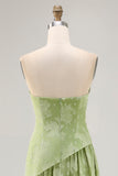 Floral Strapless Printed Sage Green Bridesmaid Dress with Slit