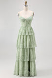 Dusty Sage A Line Corset Tiered Chiffon Long Bridesmaid Dress with Slit