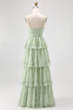 Dusty Sage A Line Corset Tiered Chiffon Long Bridesmaid Dress with Slit