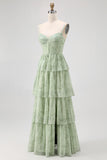 Dusty Sage A Line Corset Tiered Chiffon Long Bridesmaid Dress with Slit