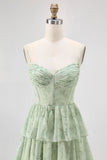 Dusty Sage A Line Corset Tiered Chiffon Long Bridesmaid Dress with Slit