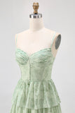Dusty Sage A Line Corset Tiered Chiffon Long Bridesmaid Dress with Slit