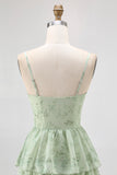 Dusty Sage A Line Corset Tiered Chiffon Long Bridesmaid Dress with Slit