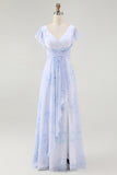 Blue Floral A Line V Neck Chiffon Long Bridesmaid Dress with Slit