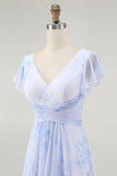 Blue Floral A Line V Neck Chiffon Long Bridesmaid Dress with Slit