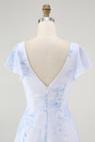 Blue Floral A Line V Neck Chiffon Long Bridesmaid Dress with Slit