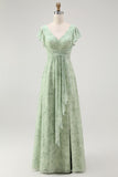 Dusty Sage A Line Short Sleeve Bridesmaid Dress with Slit