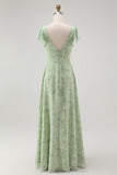 Dusty Sage A Line Short Sleeve Bridesmaid Dress with Slit
