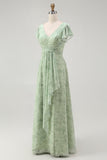 Dusty Sage A Line Short Sleeve Bridesmaid Dress with Slit