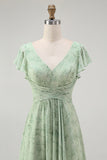 Dusty Sage A Line Short Sleeve Bridesmaid Dress with Slit