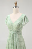 Dusty Sage A Line Short Sleeve Bridesmaid Dress with Slit