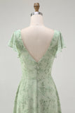 Dusty Sage A Line Short Sleeve Bridesmaid Dress with Slit