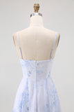 Blue Floral Spaghetti Straps Chiffon A Line Bridesmaid Dress