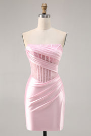 Corset Strapless Bodycon Lace Pink Homecoming Dress