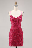 Sparkly Fuchsia Corset Short Tight Homecoming Dress with Sequins