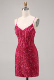 Sparkly Fuchsia Corset Short Tight Homecoming Dress with Sequins