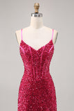Sparkly Fuchsia Corset Short Tight Homecoming Dress with Sequins