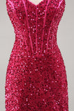 Sparkly Fuchsia Corset Short Tight Homecoming Dress with Sequins