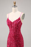 Sparkly Fuchsia Corset Short Tight Homecoming Dress with Sequins
