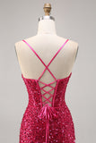 Sparkly Fuchsia Corset Short Tight Homecoming Dress with Sequins