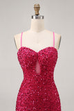 Sparkly Sequins Fuchsia Spaghetti Straps Short Tight Homecoming Dress