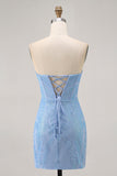 Blue Bodycon Strapless Beaded Short Homecoming Dress
