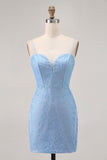 Blue Bodycon Strapless Beaded Short Homecoming Dress