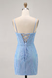 Blue Bodycon Strapless Beaded Short Homecoming Dress