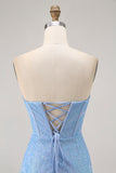 Blue Bodycon Strapless Beaded Short Homecoming Dress