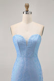Blue Bodycon Strapless Beaded Short Homecoming Dress