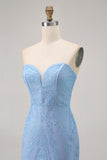 Blue Bodycon Strapless Beaded Short Homecoming Dress