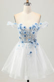 White Blue Flower A-Line Off the Shoulder Corset Short Homecoming Dress