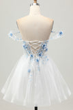 White Blue Flower A-Line Off the Shoulder Corset Short Homecoming Dress