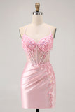 Candy Pink Bodycon Beaded Corset Short Homecoming Dress with Appliques