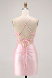 Candy Pink Bodycon Beaded Corset Short Homecoming Dress with Appliques