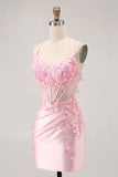 Candy Pink Bodycon Beaded Corset Short Homecoming Dress with Appliques