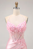 Candy Pink Bodycon Beaded Corset Short Homecoming Dress with Appliques