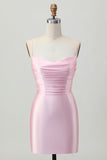 Blush Pink Bodycon Spaghetti Straps Short Homecoming Dress with Lace Up Back